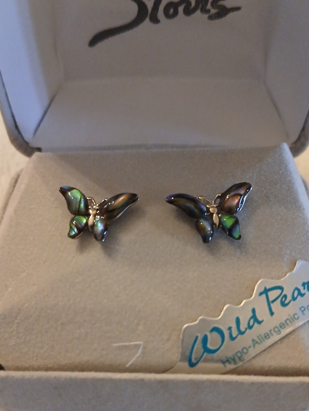 Wild Pearl Iridescent Abalone Butterfly Stud Earrings - Green/Black